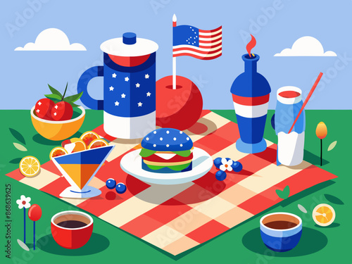 A picnic blanket with red, white, and blue food and drinks