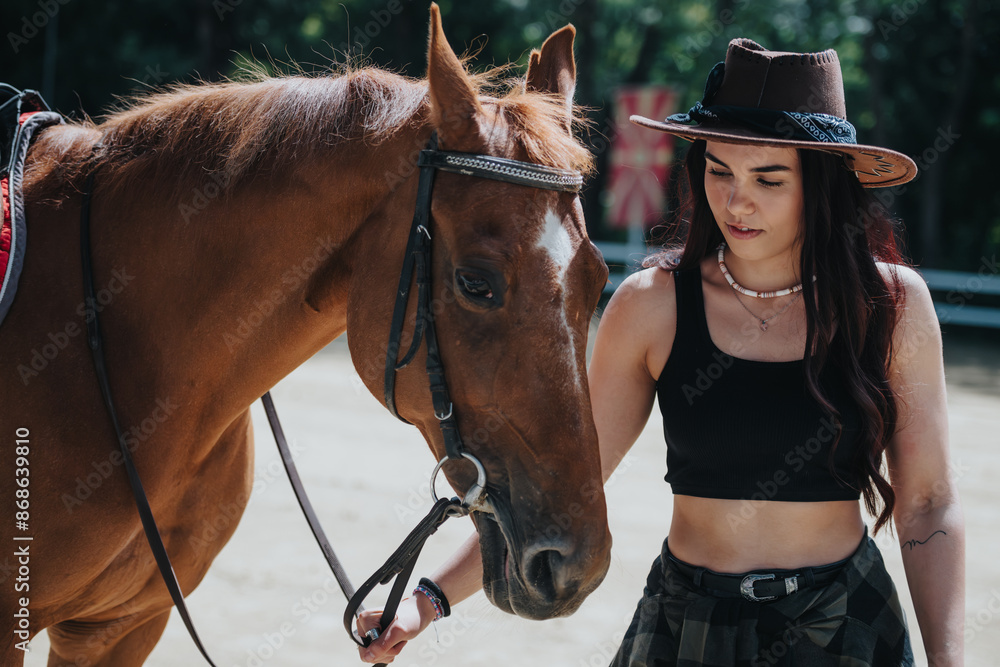 Young woman having fun on the ranch while bonding with her horse on a sunny day. Young woman having fun on the ranch while bonding with her horse on a sunny day.