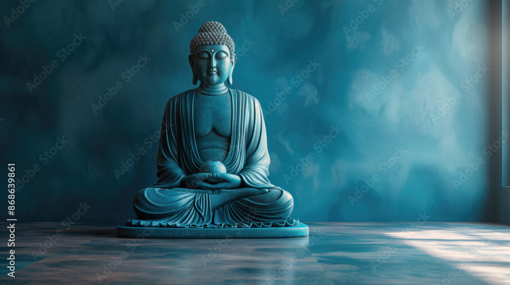Buddha statue in a blue room with copy space for text Buddha statue in a blue room with copy space for text