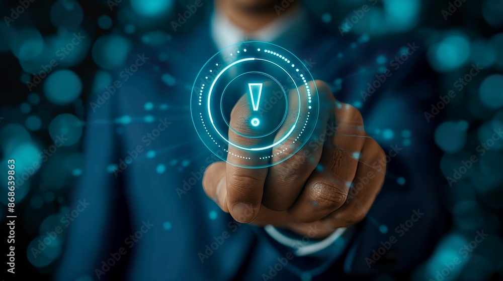 Businessman and exclamation mark for error notification and technology maintenance concept. Businessman and exclamation mark for error notification and technology maintenance concept.