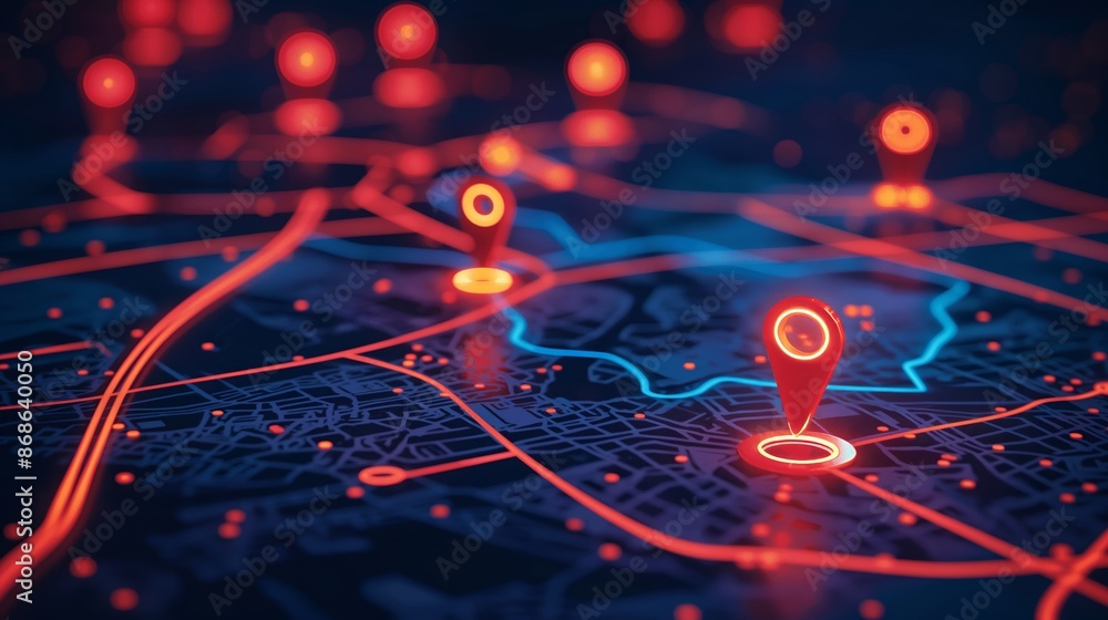 Map with digital pins, map location, GPS technology, transport logistic. Map with digital pins, map location, GPS technology, transport logistic.