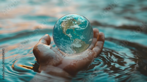 Hands delicately holding a globe on water, Clean Water Drop, World Water Day Concept, Every Drop Matters.