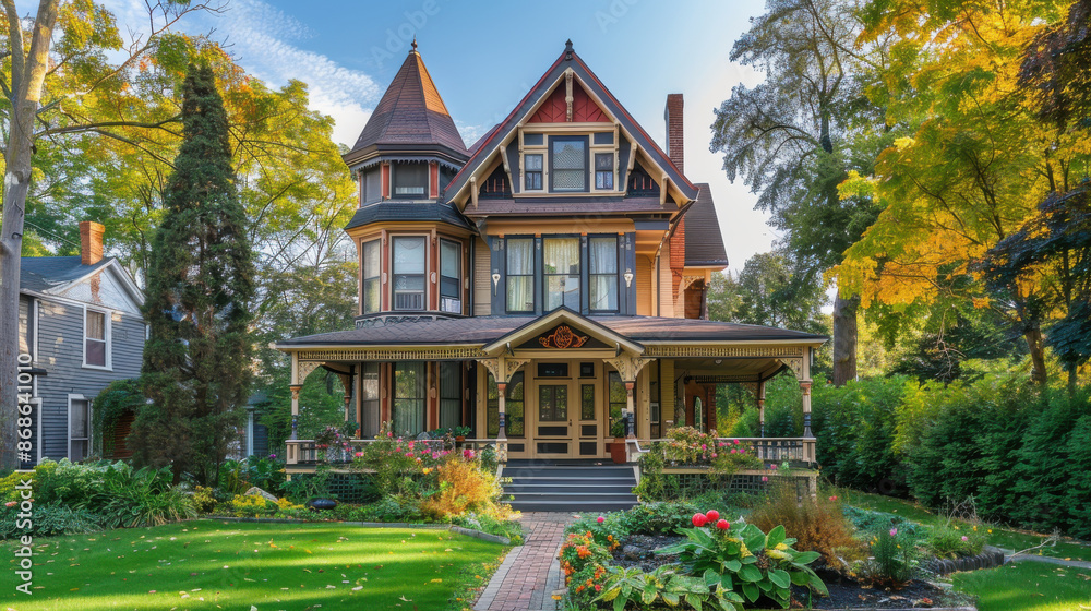 A charming Victorian-style house with intricate architectural details and a beautifully landscaped garden A charming Victorian-style house with intricate architectural details and a beautifully landscaped garden