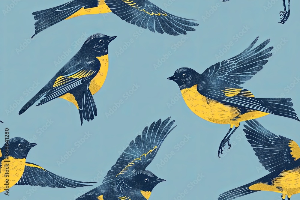 Pattern Of Yellow And Blue Birds In Flight Against A Light Blue Background Pattern Of Yellow And Blue Birds In Flight Against A Light Blue Background