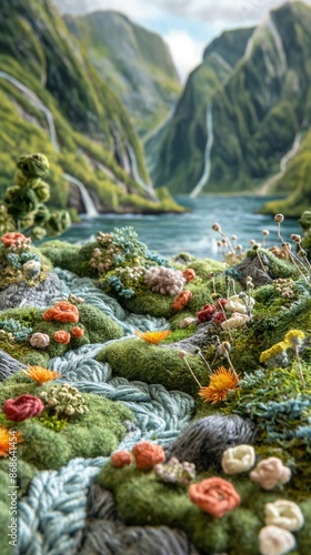 Scandinavian landscape made of knitting yarn. Handmade of wool materials, fabric, yarn, sewing for background