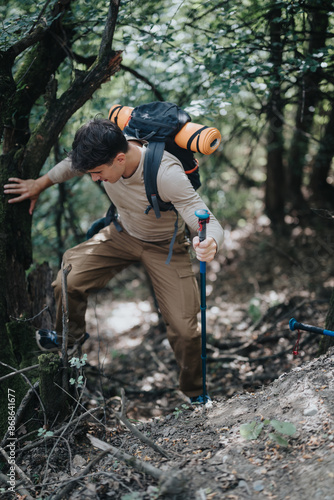 Man hiking on a forest trail equipped with a backpack and trekking poles, showcasing adventure, exploration, and outdoor fitness.