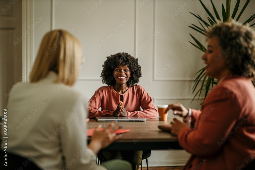 Smiling businesswomen at a meeting in the office. Company owner or insurance agent on a meeting with clients Smiling businesswomen at a meeting in the office. Company owner or insurance agent on a meeting with clients