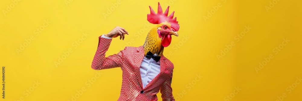 Freak in chicken mask dancing, masquerade, absurd carnival, having fun in costume party, weird mask head Freak in chicken mask dancing, masquerade, absurd carnival, having fun in costume party, weird mask head