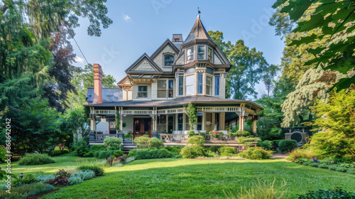 Wallpaper Mural A charming Victorian-style house with intricate architectural details and a beautifully landscaped garden Torontodigital.ca