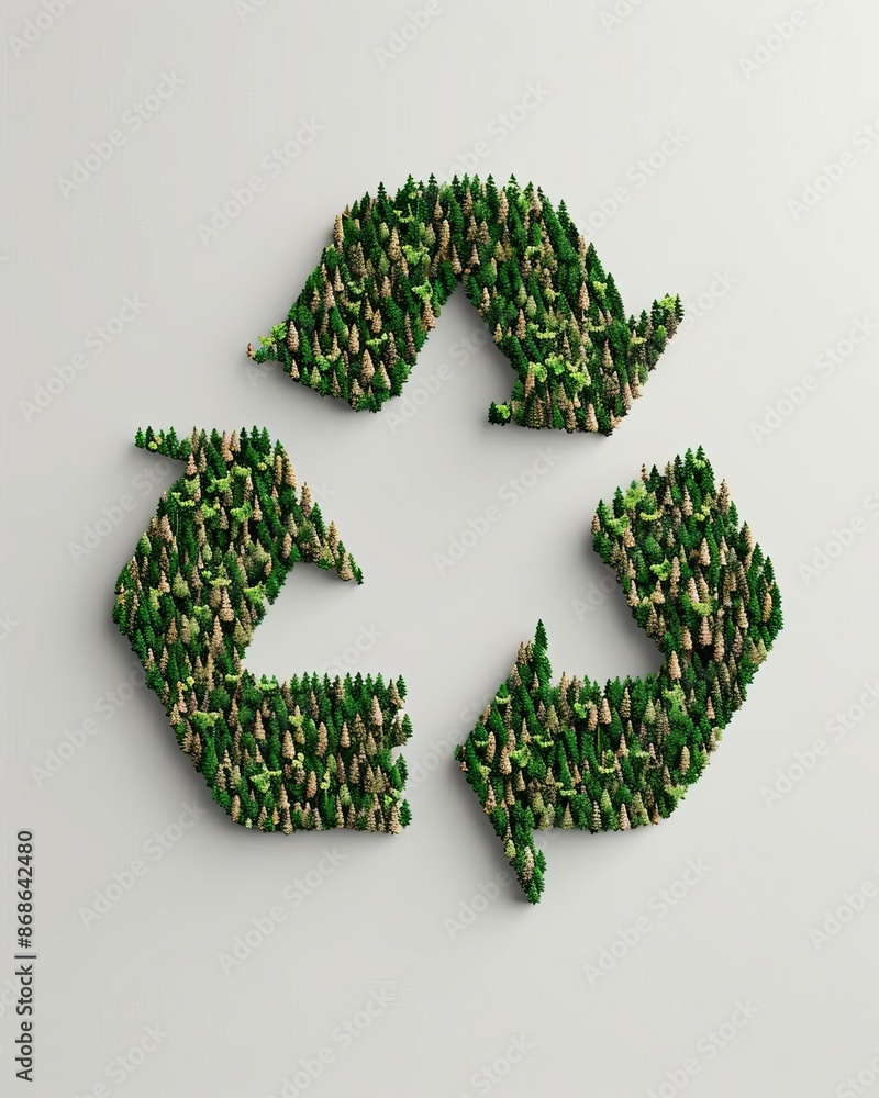 Green recycle symbol made from trees against a white background.
