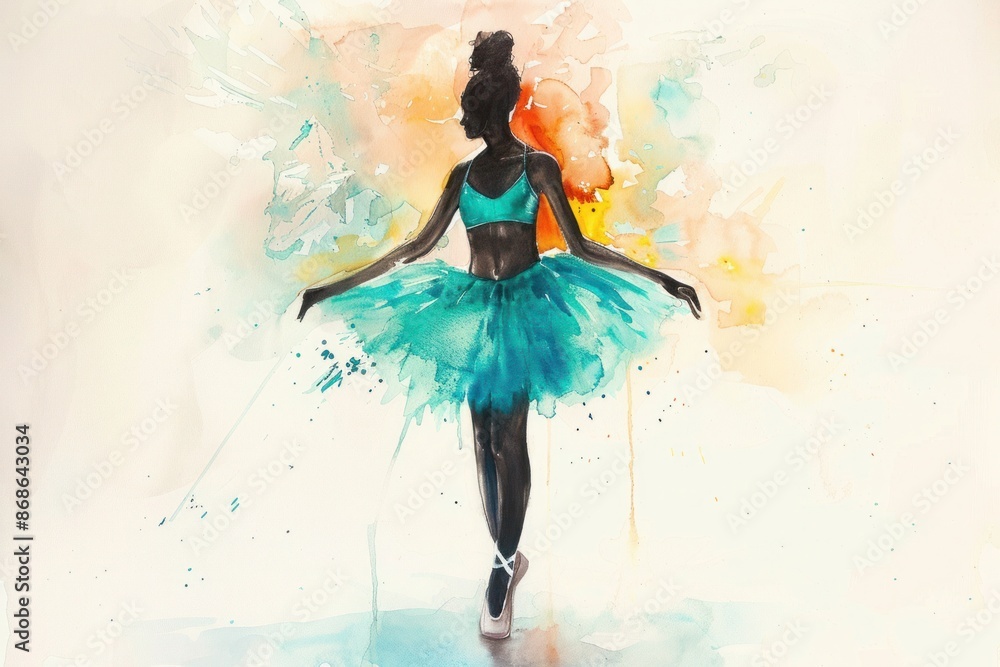 Watercolor drawing on a white canvas captures the beauty of a ballerina: Dark-skinned, wearing a vibrant turquoise tutu, standing against a clean and radiant background