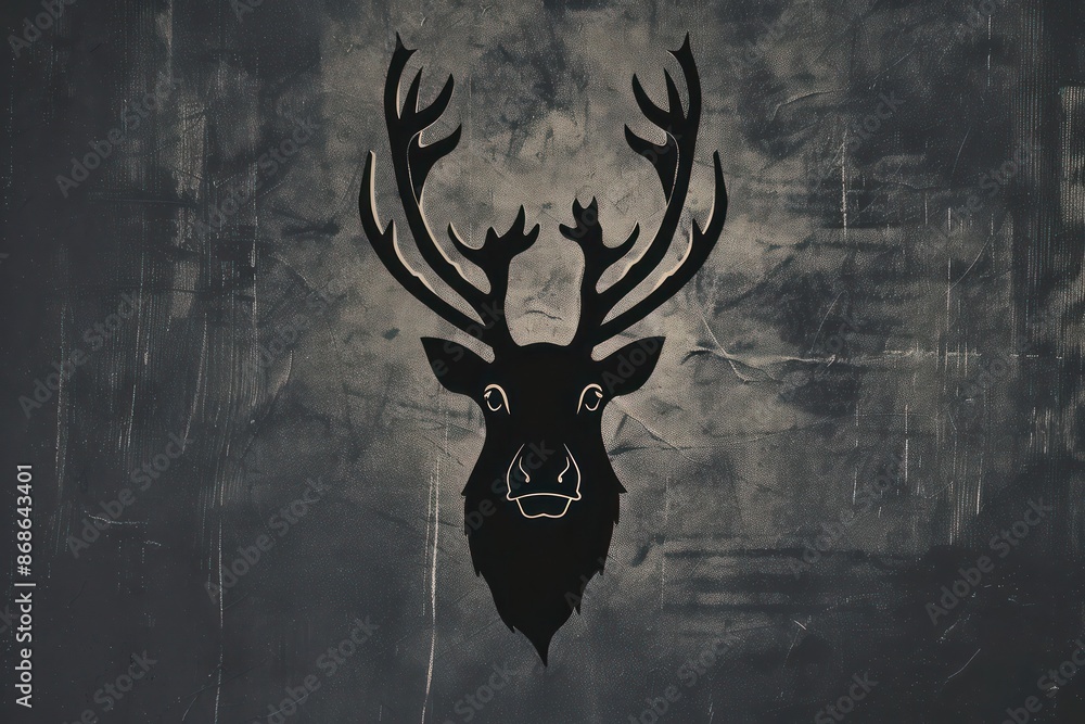 A realistic silhouette logo of a caribou's face, emphasizing its antlers and rugged features, set against a charcoal backdrop A realistic silhouette logo of a caribou's face, emphasizing its antlers and rugged features, set against a charcoal backdrop
