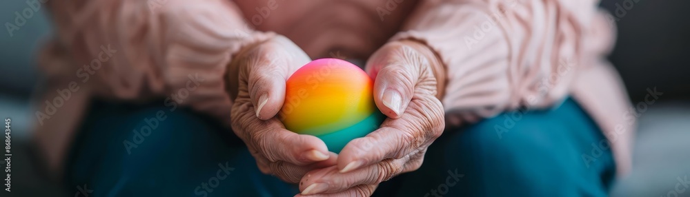 Close-up of elderly hands holding a rainbow-colored ball Close-up of elderly hands holding a rainbow-colored ball