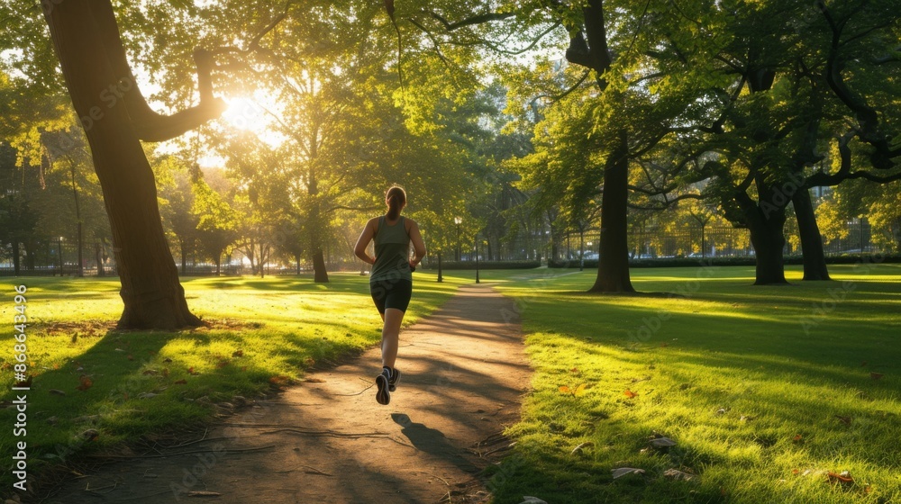 Obraz premium A woman energetically jogging in a picturesque city park early in the morning focusing on fitness health and the serene beauty of nature