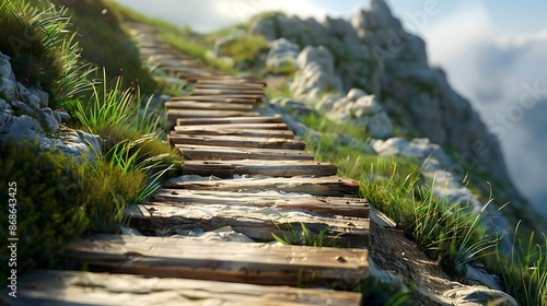 Fototapeta Naklejka Na Ścianę i Meble -  A wooden stairs crossing the mountain very detailed and realistic shape