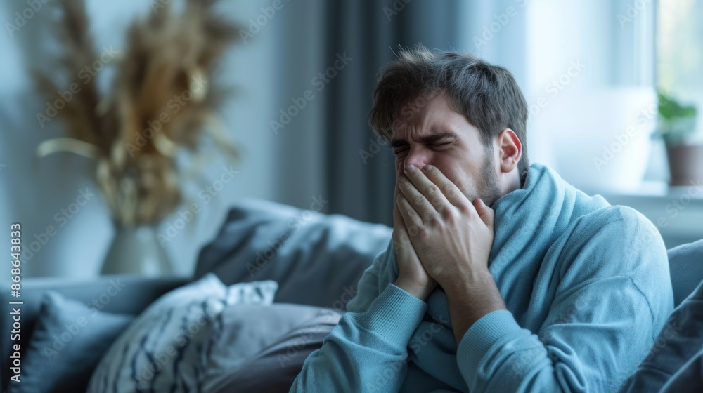 A sick man coughing and holding his chest while sitting on a sofa visibly suffering from respiratory issues such as tuberculosis or influenza A sick man coughing and holding his chest while sitting on a sofa visibly suffering from respiratory issues such as tuberculosis or influenza