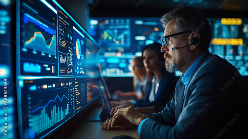 Person typing on a laptop in an office looking business data graph Person typing on a laptop in an office looking business data graph
