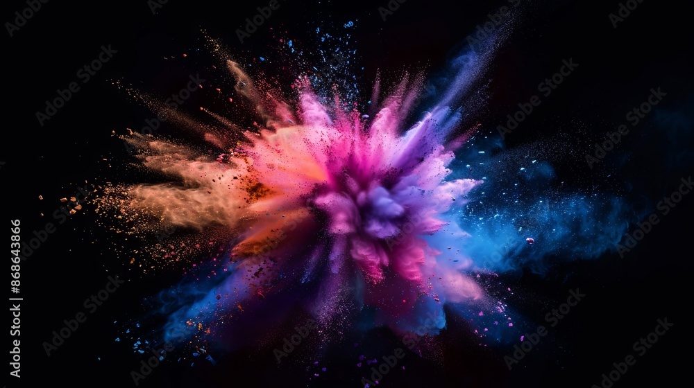 Colorful explosion of powder in mid-air against dark background. Vibrant display of colors in motion. Dynamic and abstract style perfect for creative projects and backgrounds. AI Colorful explosion of powder in mid-air against dark background. Vibrant display of colors in motion. Dynamic and abstract style perfect for creative projects and backgrounds. AI