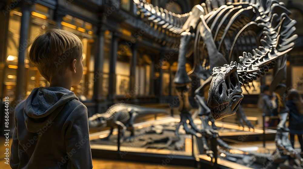 A youngster in a fossils museum observes a big dinosaur with interest very detailed and realistic shape