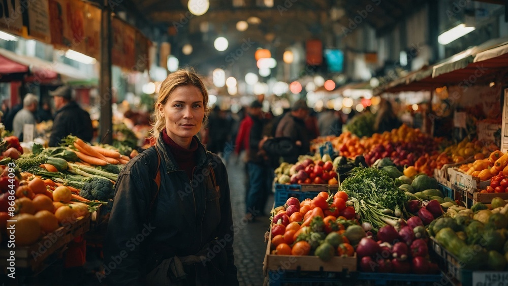 Obraz premium Bauernmarkt mit frischem Obst und Gemüse an einem frühen Morgen