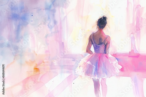 Ethereal watercolor rendering: A ballerina in a pink dress stands gracefully, her back to the viewer, against a luminous and gentle background