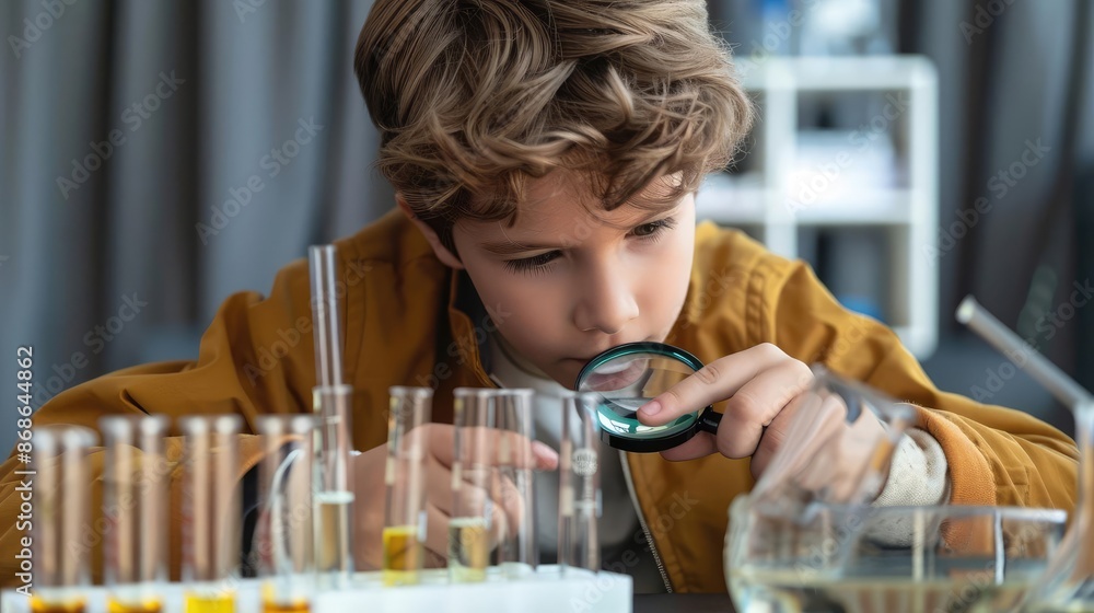 Boy with a magnifying glass inspecting a test tube reaction, child scientist, detailed observation in science Boy with a magnifying glass inspecting a test tube reaction, child scientist, detailed observation in science