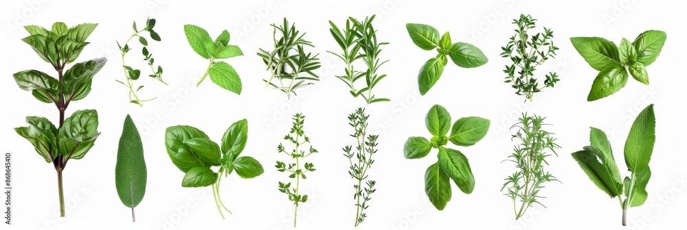 Fresh herbs set isolated, parsley, basil leaves, thyme, mint seasoning, raw green condiment sprig collection Fresh herbs set isolated, parsley, basil leaves, thyme, mint seasoning, raw green condiment sprig collection