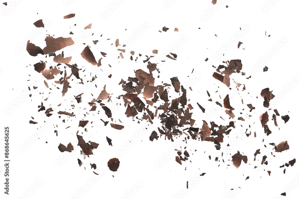 Fototapeta premium Burned, charred paper scraps isolated on white background, top view 