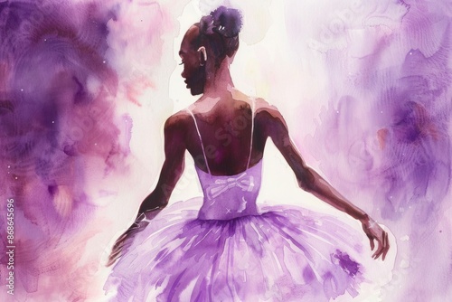 Watercolor artwork: A graceful black ballerina in a lavender tutu stands with her back to the viewer against a luminous background
