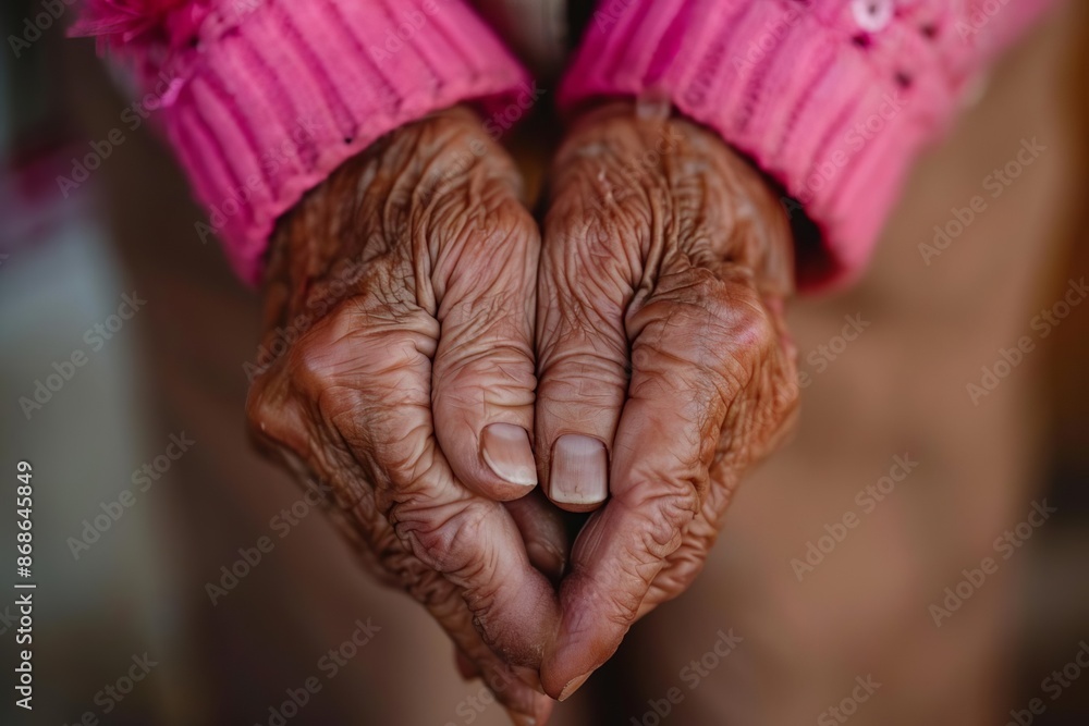 Fototapeta premium Close-up of elderly hands clasped together, showcasing the wrinkles and textures of aging.