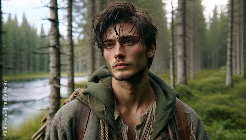 Portrait of a traveller in a mackintosh and green woollen clothes in front of a misty river. Young brunet without beard, travelling. Portrait of a traveller in a mackintosh and green woollen clothes in front of a misty river. Young brunet without beard, travelling.