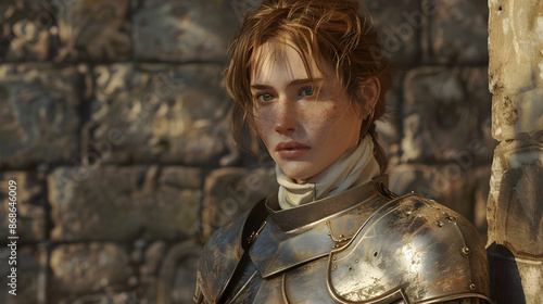 Graphic portrait of a weary armored female knight