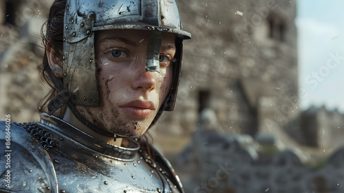 Graphic portrait of a weary armored female knight