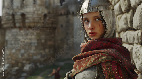 Graphic portrait of a weary armored female knight