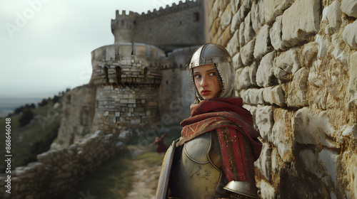 Graphic portrait of a weary armored female knight
