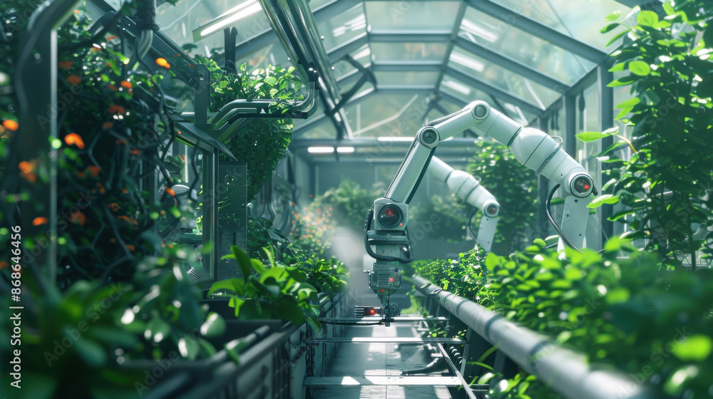A modern greenhouse with automated climate control and robotic arms tending to the plants A modern greenhouse with automated climate control and robotic arms tending to the plants