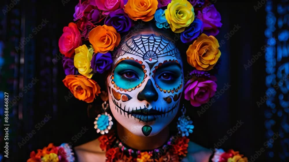 A Dia de los Muertos celebration features a woman with a beautifully painted sugar skull face and vibrant flowers in her hair A Dia de los Muertos celebration features a woman with a beautifully painted sugar skull face and vibrant flowers in her hair