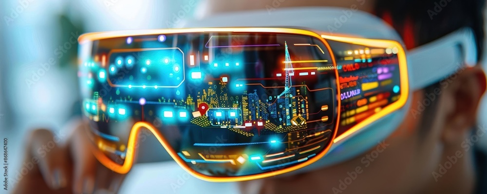 Immersive augmented reality glasses showing colorful digital interfaces, transporting the wearer to a futuristic digital world Immersive augmented reality glasses showing colorful digital interfaces, transporting the wearer to a futuristic digital world
