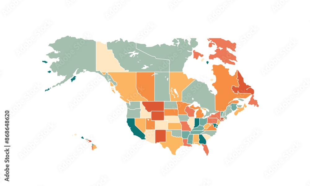 Obraz premium Map of North America isolated modern colorful style. for website layouts, background, education, precise, customizable, Travel worldwide, map silhouette backdrop, earth geography, political.