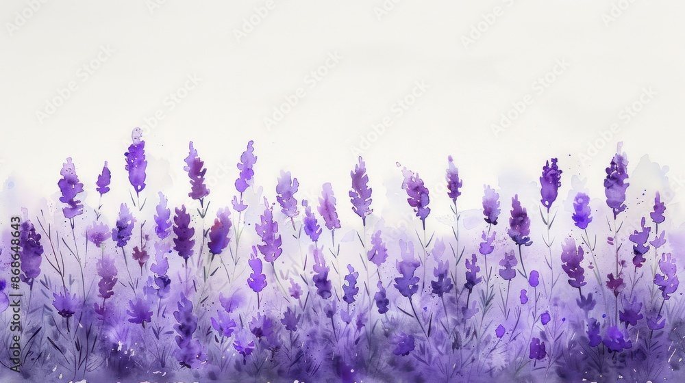 Naklejka premium Beautiful watercolor illustration of a lavender field in full bloom, with vibrant purple flowers against a soft white background.
