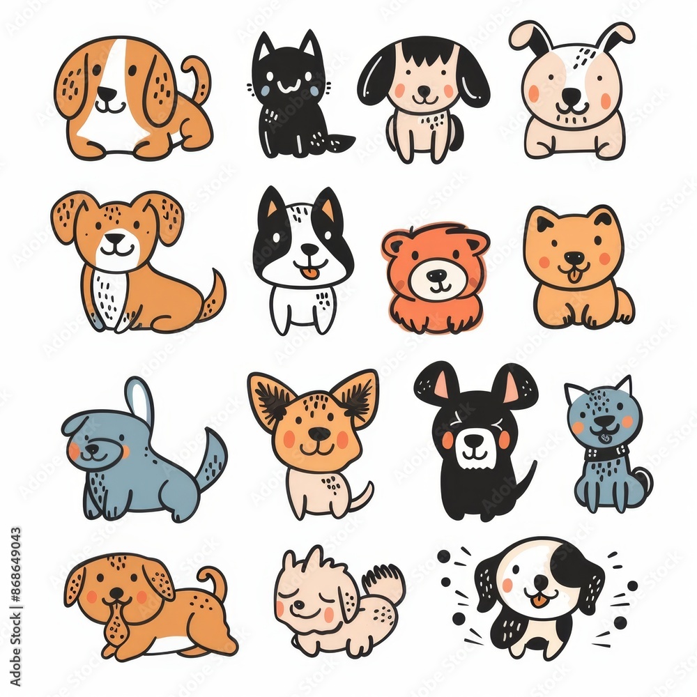 Fototapeta premium Cute dogs set, pet animal symbols, hand drawn puppy icons silhouettes, funny dog character drawings
