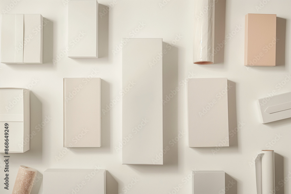 A collection of packaging boxes and a packaging tube elegantly arranged on a pristine white background A collection of packaging boxes and a packaging tube elegantly arranged on a pristine white background