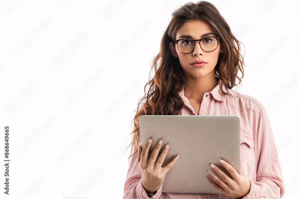 A teacher wearing glasses and a pink shirt holding a tablet on a white background. A teacher wearing glasses and a pink shirt holding a tablet on a white background.