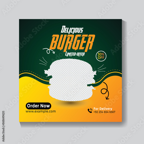Healthy and special food Restaurant social media post design template. Food burger and delicious French fries social media marketing banner post.