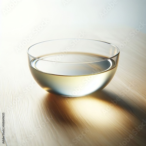 Golden-yellow liquid in a glass bowl on a smooth wooden surface photo