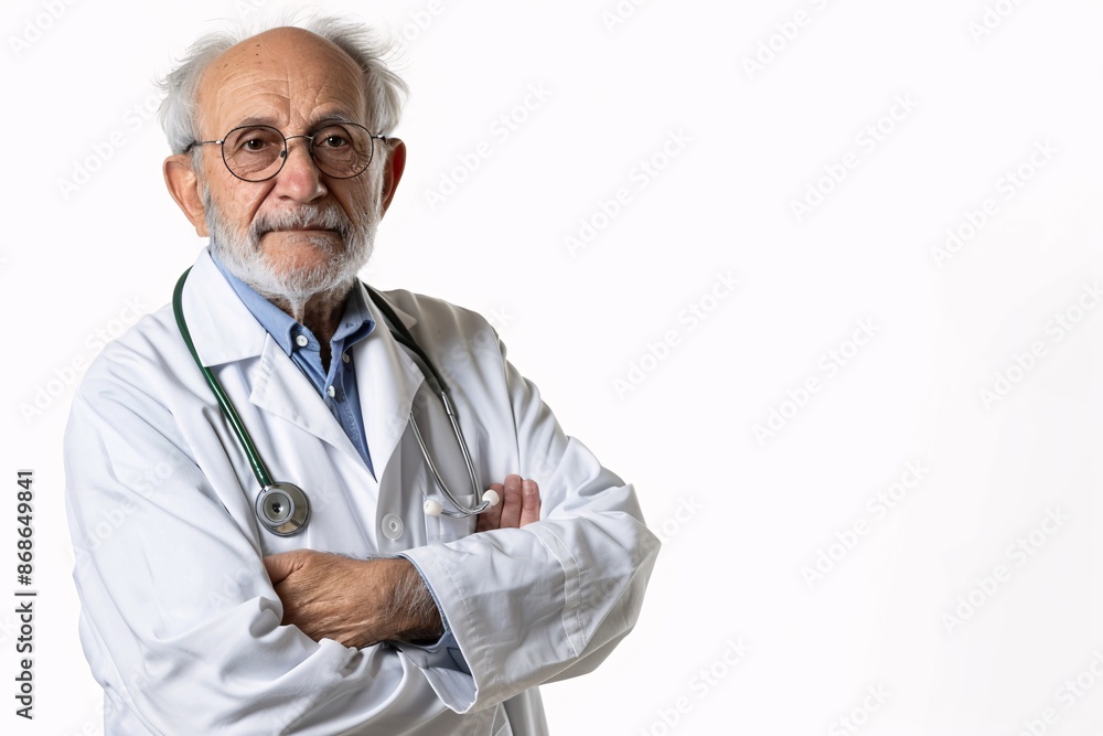 A senior medical doctor wearing a white coat and a stethoscope, standing with arms crossed, on a white background A senior medical doctor wearing a white coat and a stethoscope, standing with arms crossed, on a white background