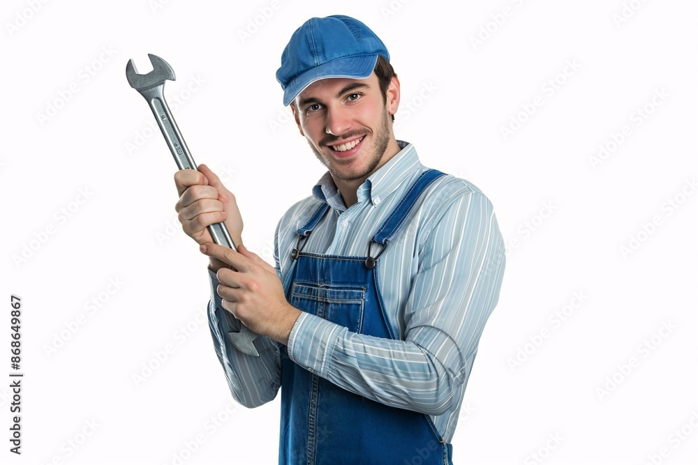 A person holding a large wrench wearing a cap and overalls on a white background A person holding a large wrench wearing a cap and overalls on a white background