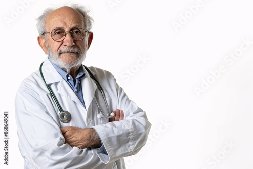 A senior medical doctor wearing a white coat and a stethoscope, standing with arms crossed, on a white background © capuchino009