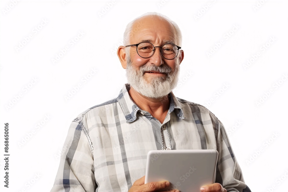 A senior man with glasses and a white beard, wearing a plaid shirt, is smiling while holding a tablet on a white background A senior man with glasses and a white beard, wearing a plaid shirt, is smiling while holding a tablet on a white background