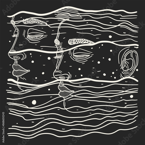 Black and white illustration of a couple with closed eyes floating in wavy water symbolizing peace and love